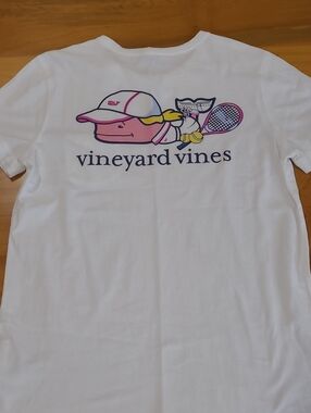 Vineyard Vines White Tee with Pink & Yellow Tennis Whale Graphic